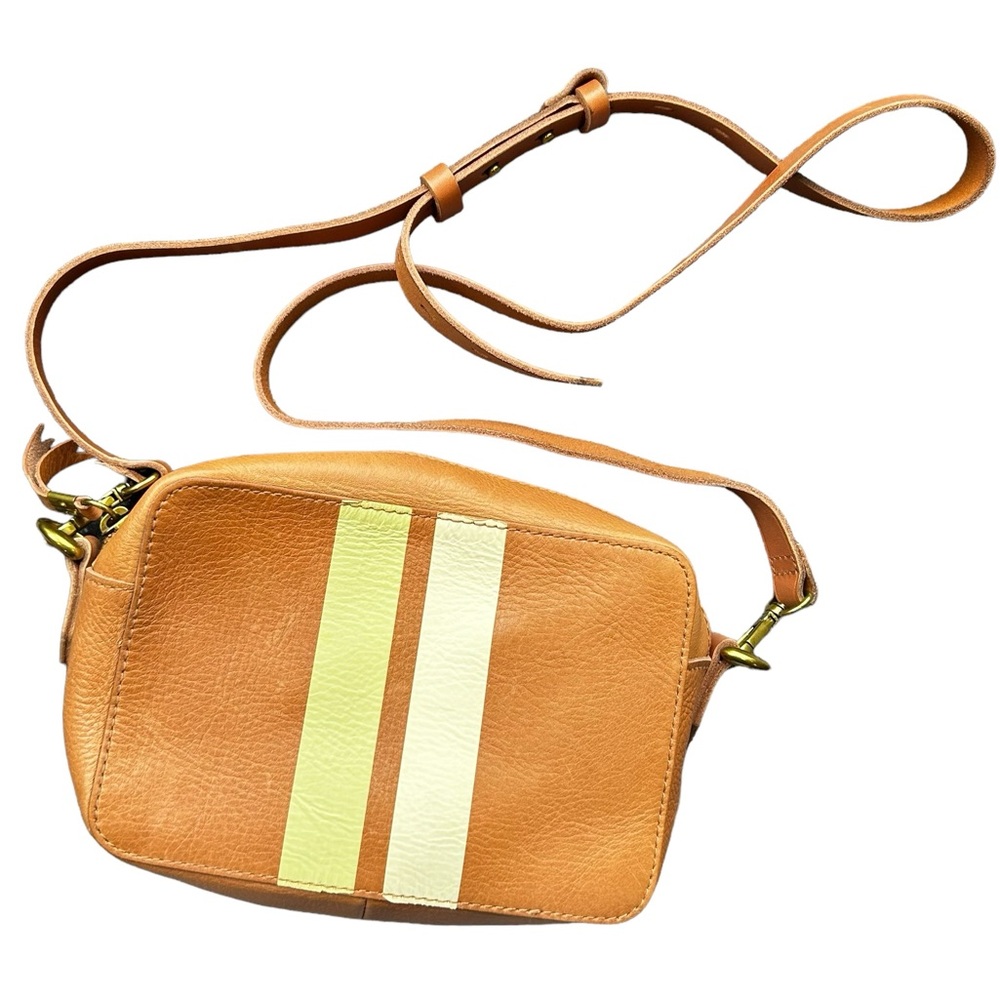 Madewell Leather Stripe Camera Crossbody Bag in Desert Camel Multi